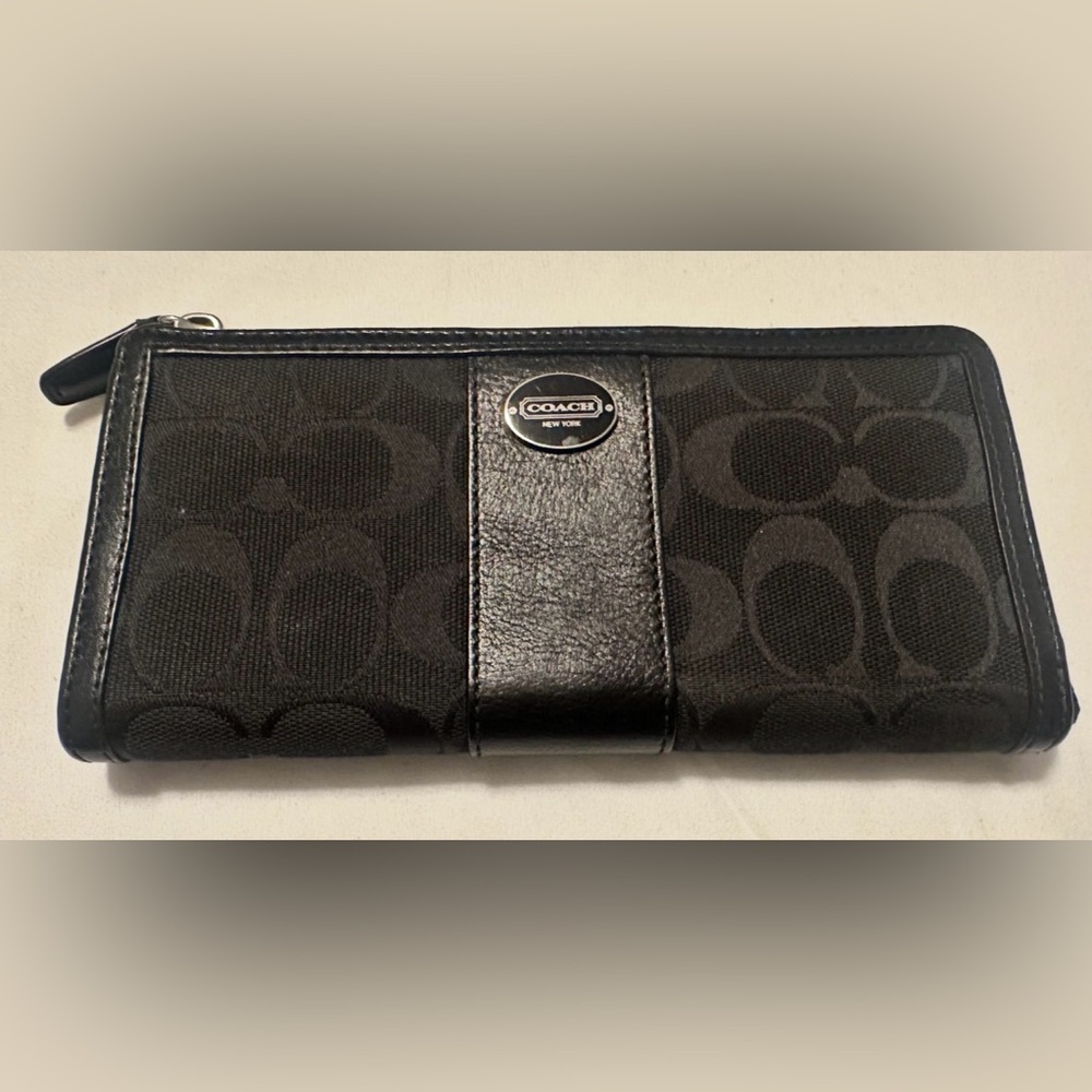Coach Legacy Signature Slim Zip Wallet black signature fabric and leather trim